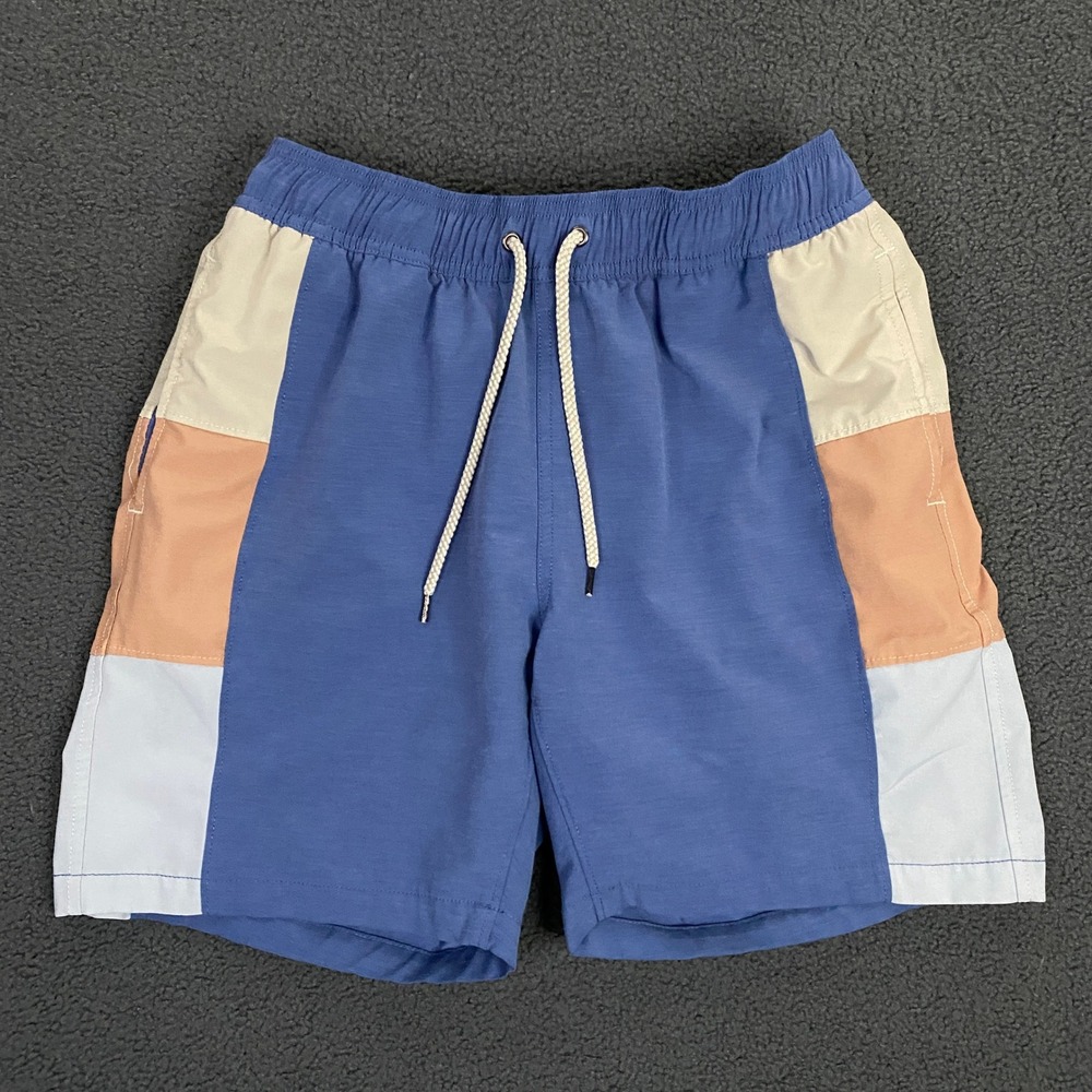 Faherty Swim Trunks Men Large Blue Tan Colorblock Drawstring Mesh Lined Summer